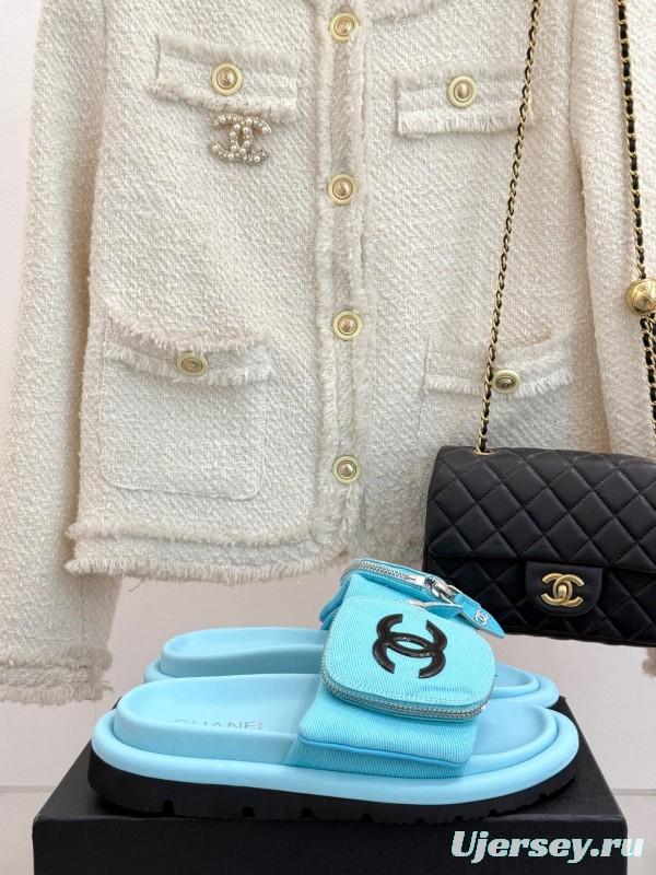 2025 Slippers Chanel Blue Fabric Slippers KFY00220