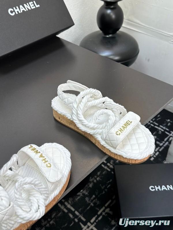 2025 Women Chanel White Leather Roped Espadrille Sandals LY00260