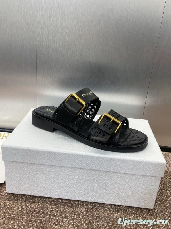 2025 Women Dior Black Leather Sandals Buckle LY00300
