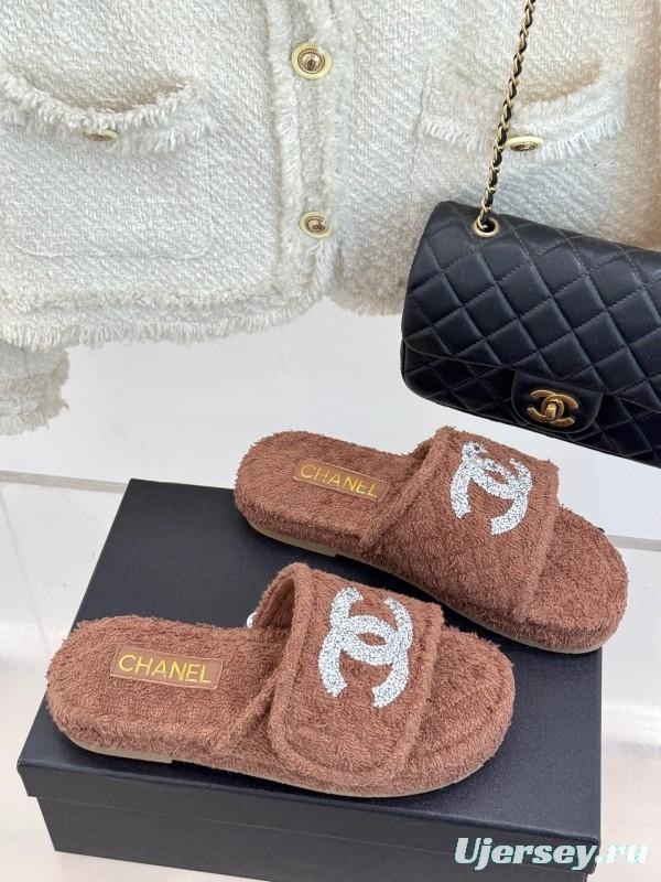 2025 CHANEL Brown Terrycloth Slippers CC Logo KFY00220