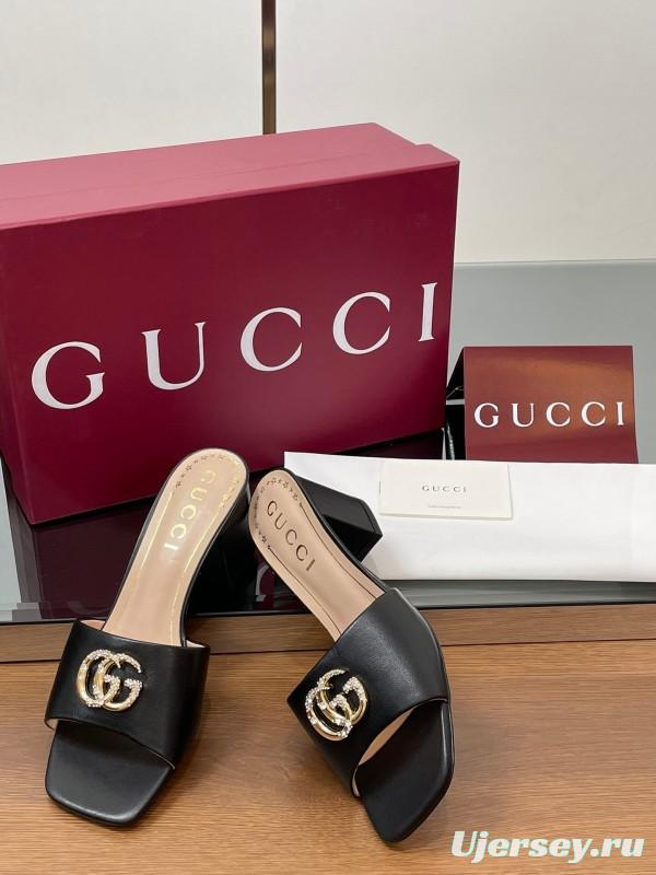 2025 Women Gucci Black Leather Slippers Crystal GG Buckle LY00280