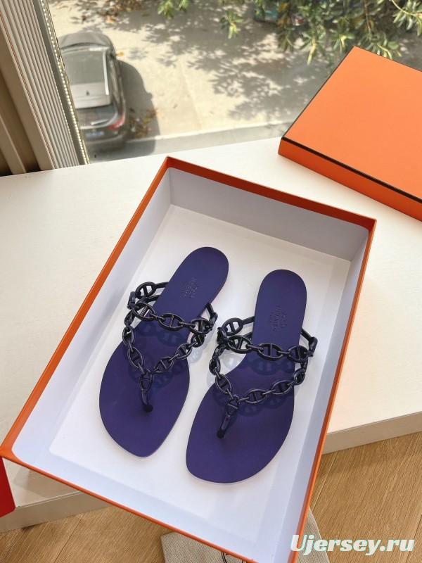 2025 Women Hermès Purple Rubber Chain Thong Sandals LY00360(F)