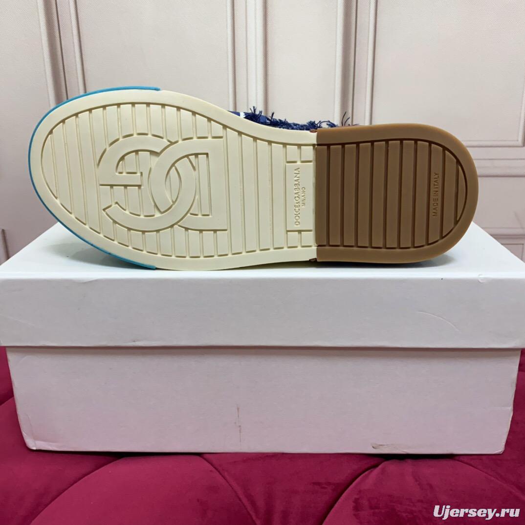 2025 Unisex Dolce & Gabbana Blue White Brown Denim Leather Sneakers