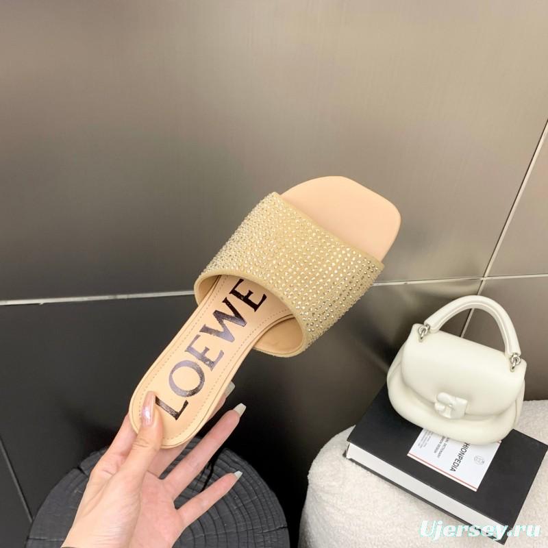 2025 Women Loewe Beige Rhinestone Leather Slippers LY00240