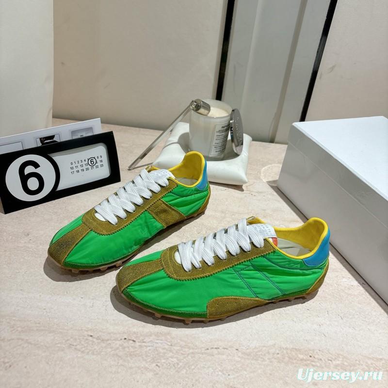 2025 Unisex Maison Margiela Green Yellow Leather Nylon Suede Sneakers Distressed