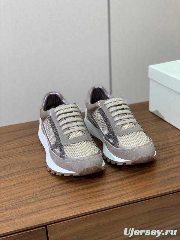 2025 Women Brunello Cucinelli Beige Brown Mesh Leather Sneakers