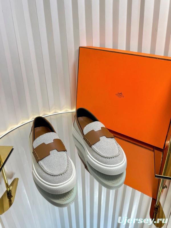 2025 Unisex Hermès White Brown Leather Fabric Loafers