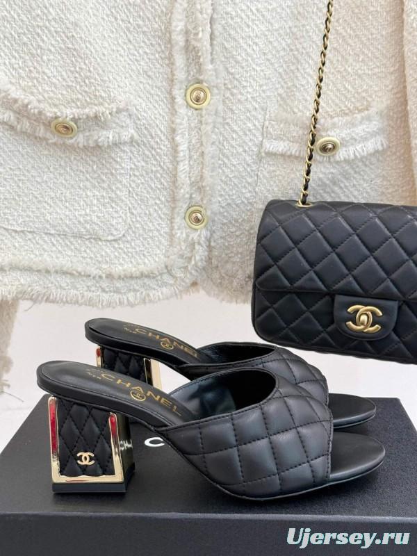 2025 Women Chanel Black Sheepskin Quilted High Heel Sandals
