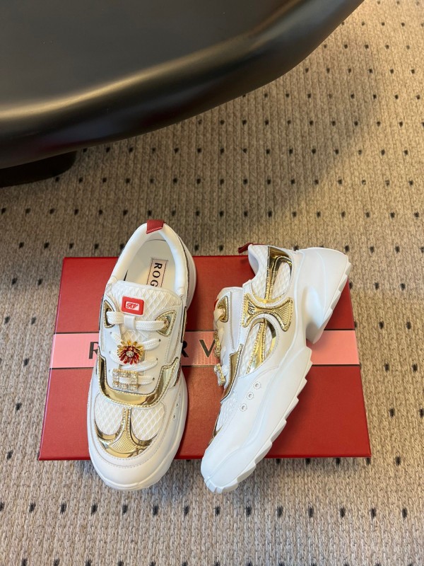 2025 Women Roger Vivier White Gold Leather Mesh Sneakers KFY00380
