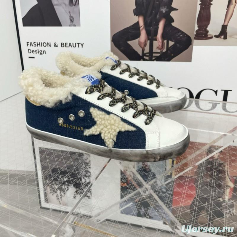 2025 Women GGDB White Navy Blue Leather Shearling Sneakers