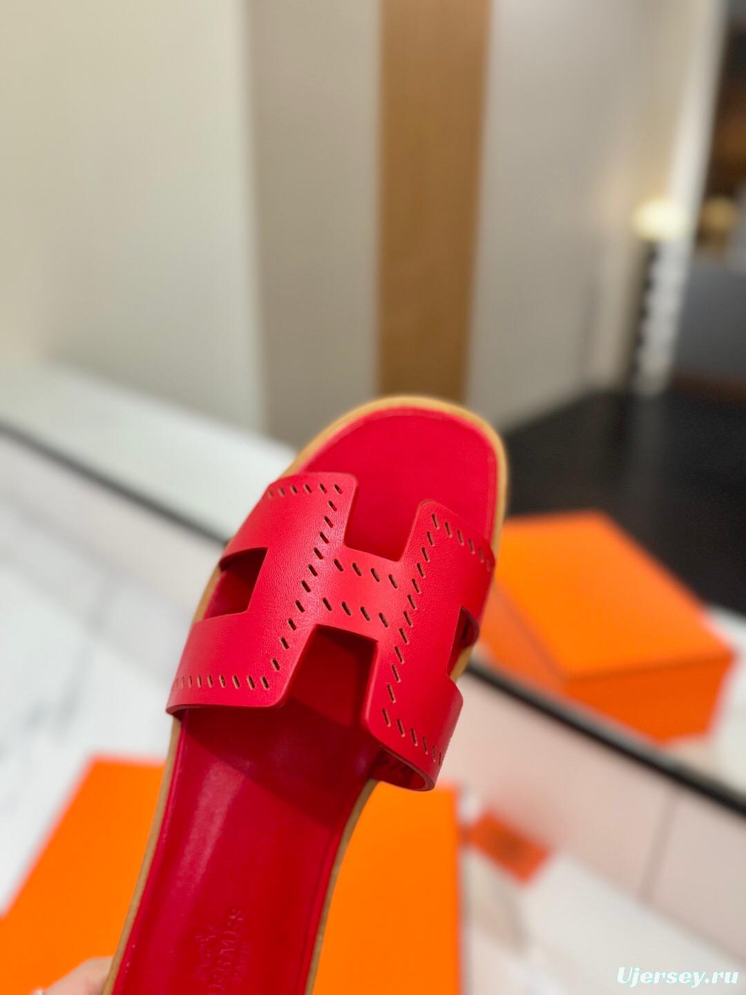 2025 Women Hermès Red Leather Slippers KFY00260