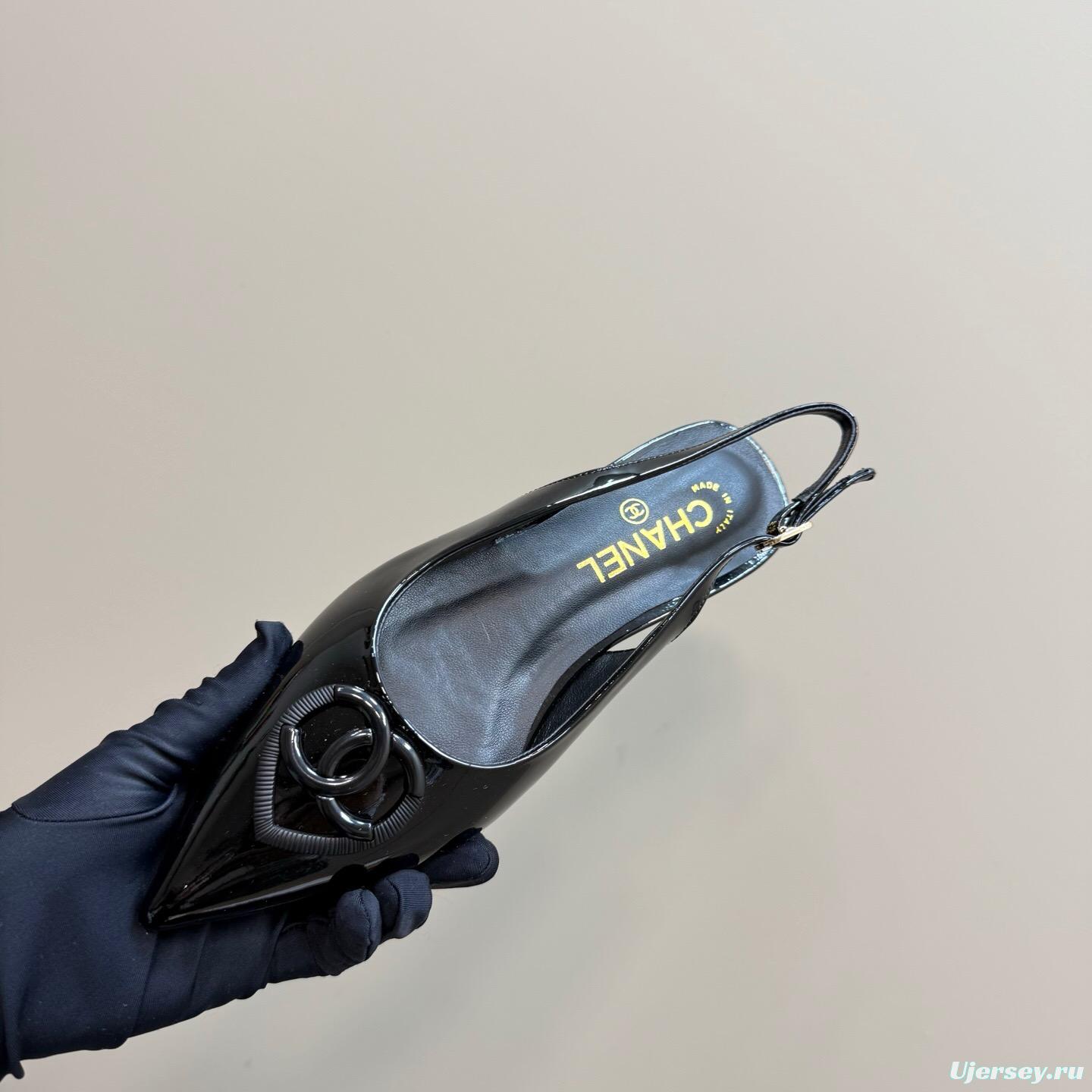 2025 Women Chanel Black Satin Leather Slingback Flats KFY00290