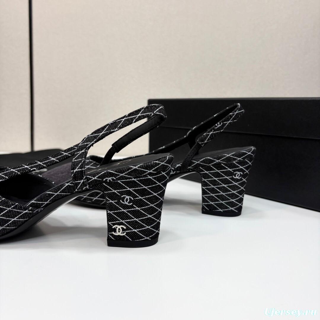 2025 Women Chanel Black White Fabric Slingback Heel LY00240