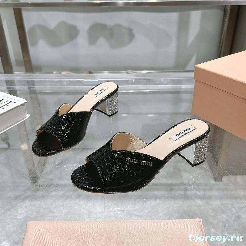 2025 Women Miu Miu Black Patent Leather Heeled Sandals