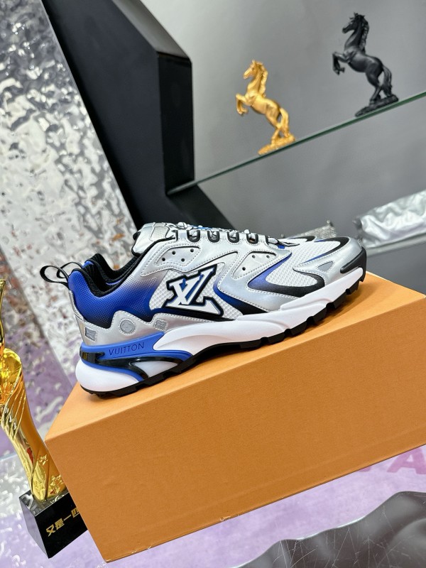 2025 Men Louis Vuitton White Blue Leather Mesh Sneakers MJ00420