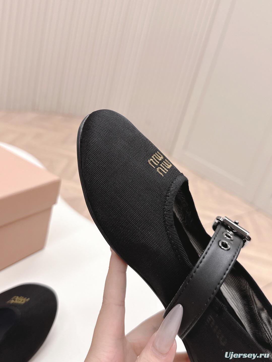 2025 Women Miu Miu Black Mesh Leather Ballet Flats LY00230