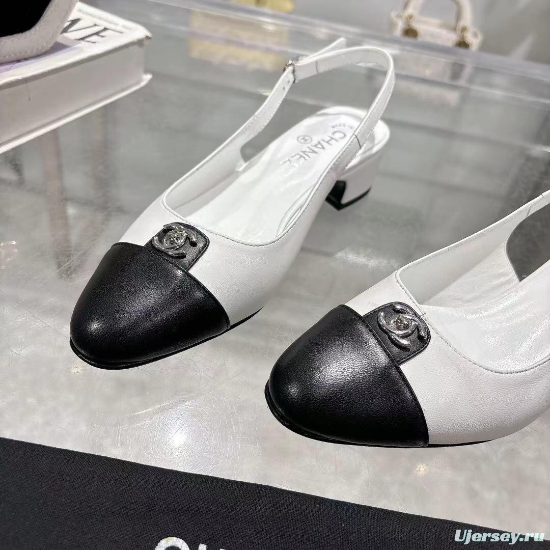 2025 Women Chanel White Black Leather Slingback Heels LY00300