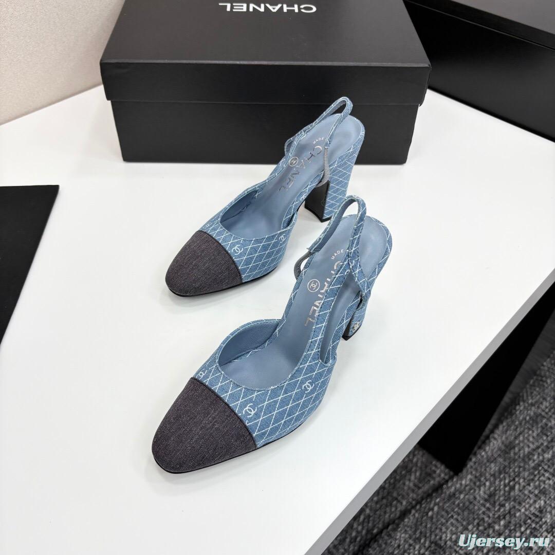2025 Women Chanel Blue Black Denim Leather Slingback LY00270