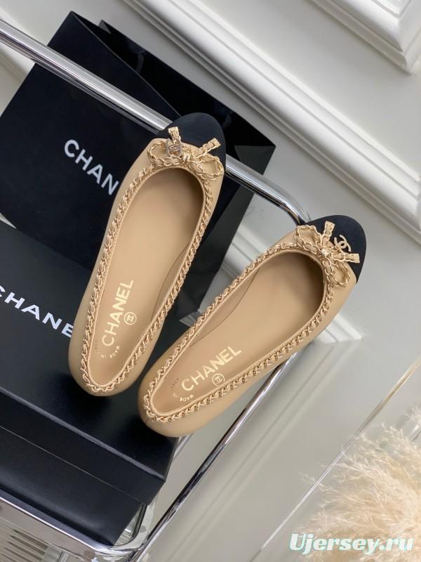 2025 Women Chanel Beige Black Leather Ballet Flats