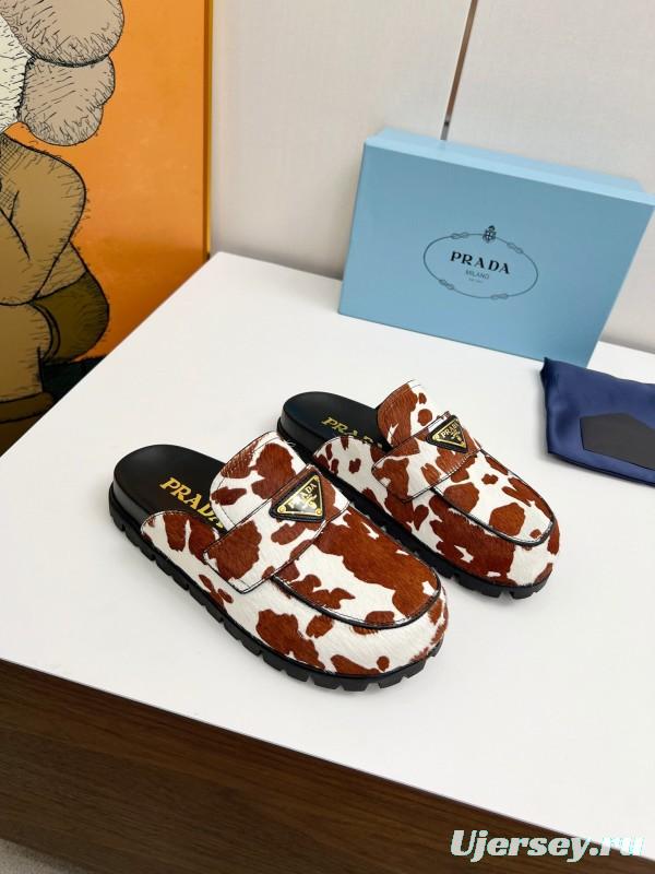 2025 Women Prada Brown White Cowhair Leather Slippers LY00270