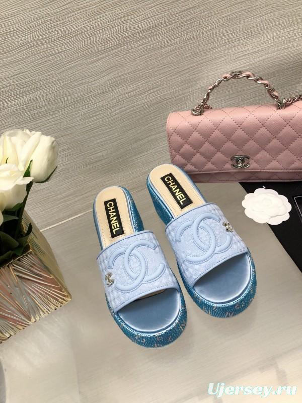 2025 Women Chanel Blue White Fabric Platform Slide Sandals LY00320