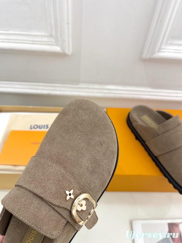 2025 Women Louis Vuitton Brown Suede Slippers Flower Buckle KFY00300