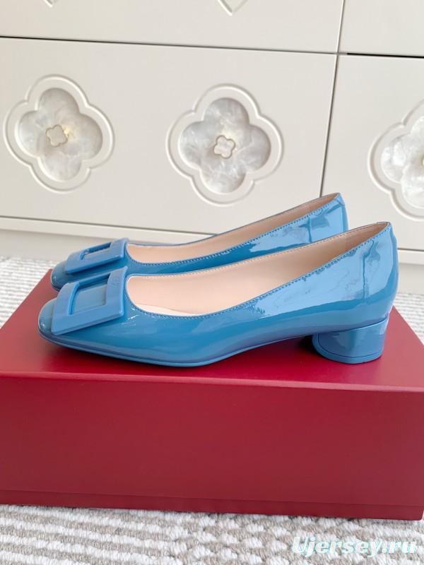 2025 Women Roger Vivier Blue Patent Leather Ballet Flat Square Buckle KFY00310