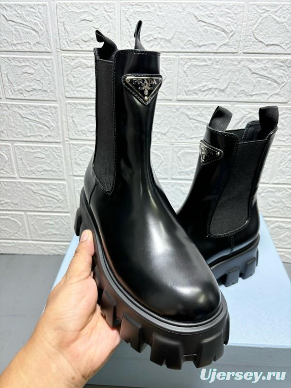 2024 Women Prada Black Leather Chelsea Boots MJ00380