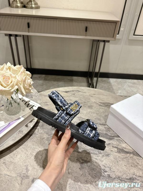 2025 Women Dior Black Blue White Fabric Leather Sandals KFY00300