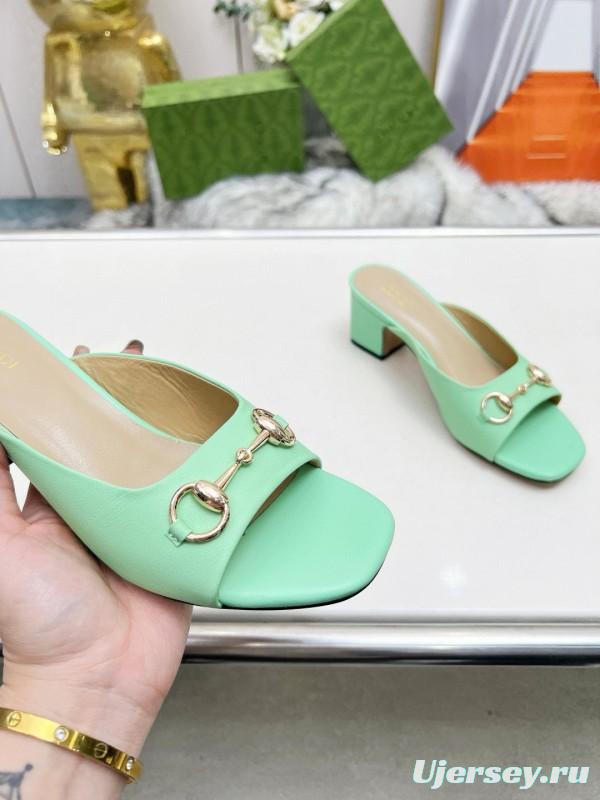 2025 Women Gucci Green Leather Heeled Slippers MJ00180
