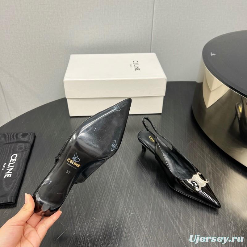 2025 Women Celine Black Patent Leather Slingback Heels KFY00290