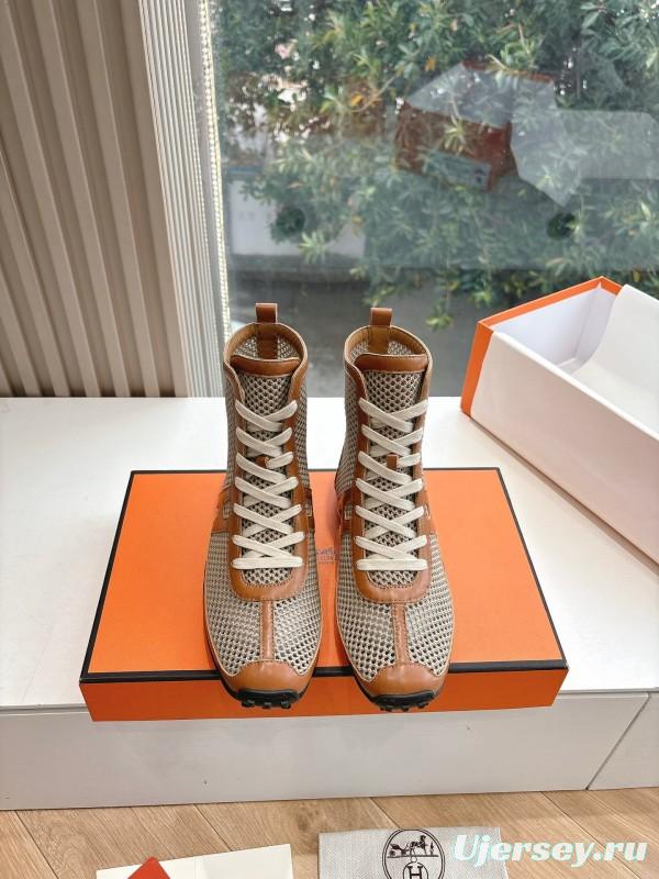 2025 Women Hermès Beige Brown Leather Mesh Boots