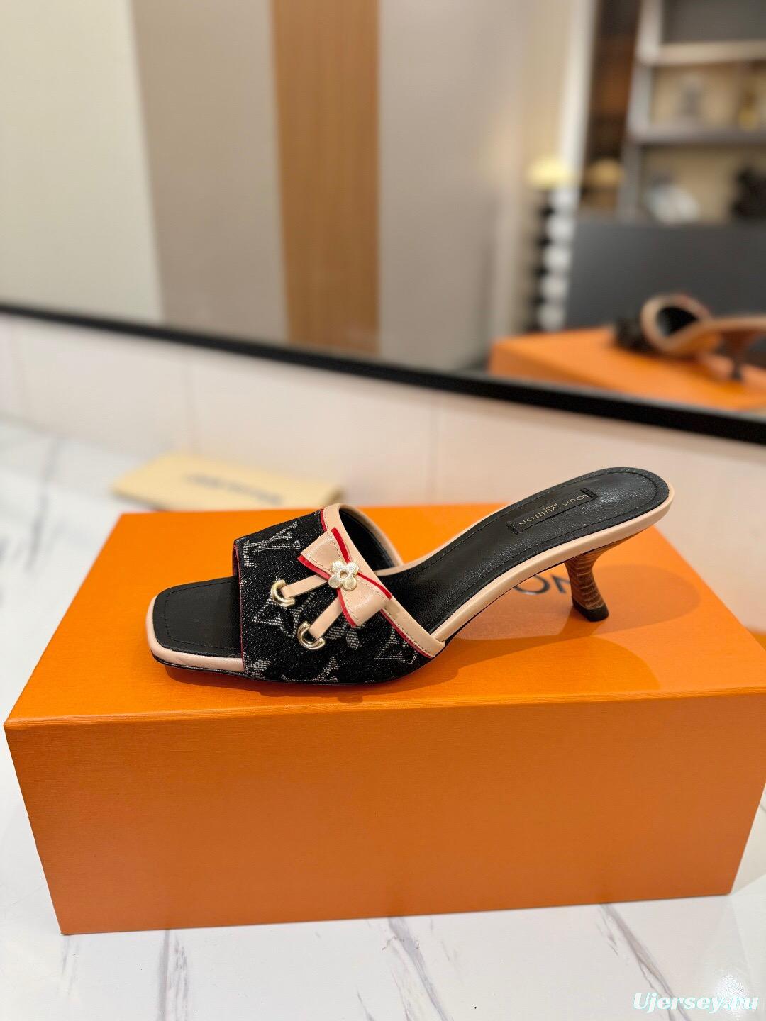 2025 Women Louis Vuitton Black Beige Denim Sandals LV Element KFY00310