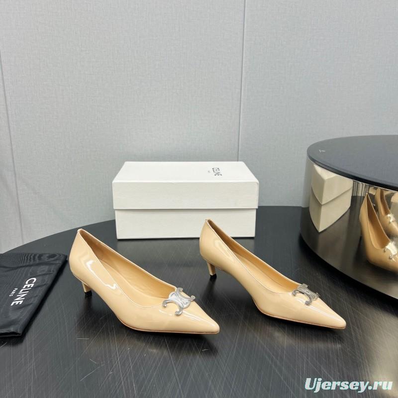 2025 Women Celine Beige Patent Leather Pointed Toe Heel Metal Ornament KFY00290