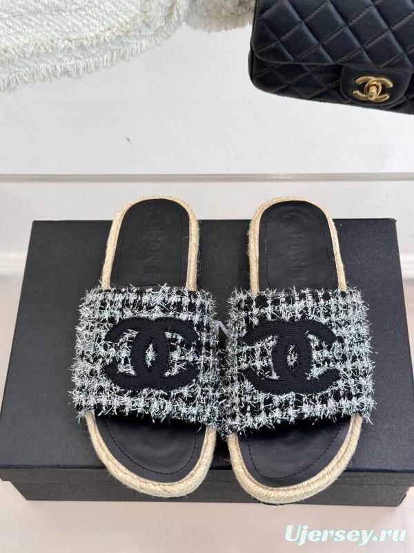 2025 Slippers Chanel Black White Tweed Espadrille Handcrafted KFY00230