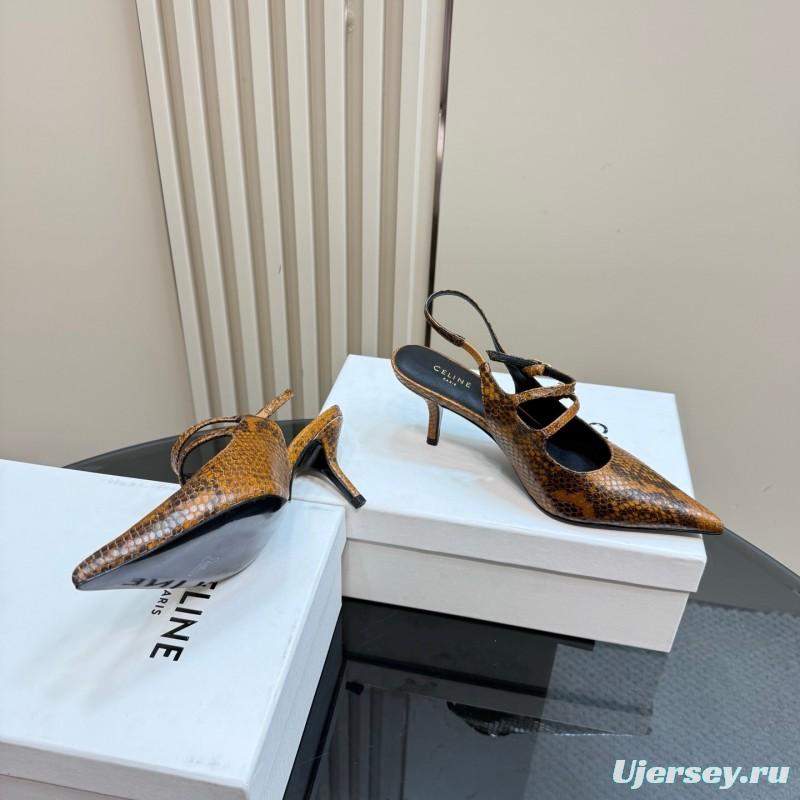 2025 Women Celine Brown Snake Leather Pointed Toe Slingback Heels
