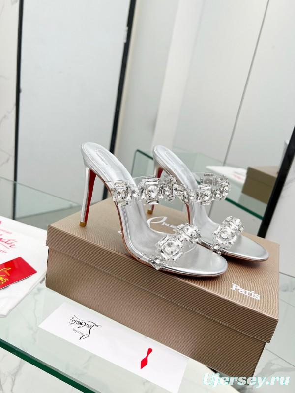 2025 Women Christian Louboutin Silver Leather High Heel Sandals Diamond Decoration LY00300