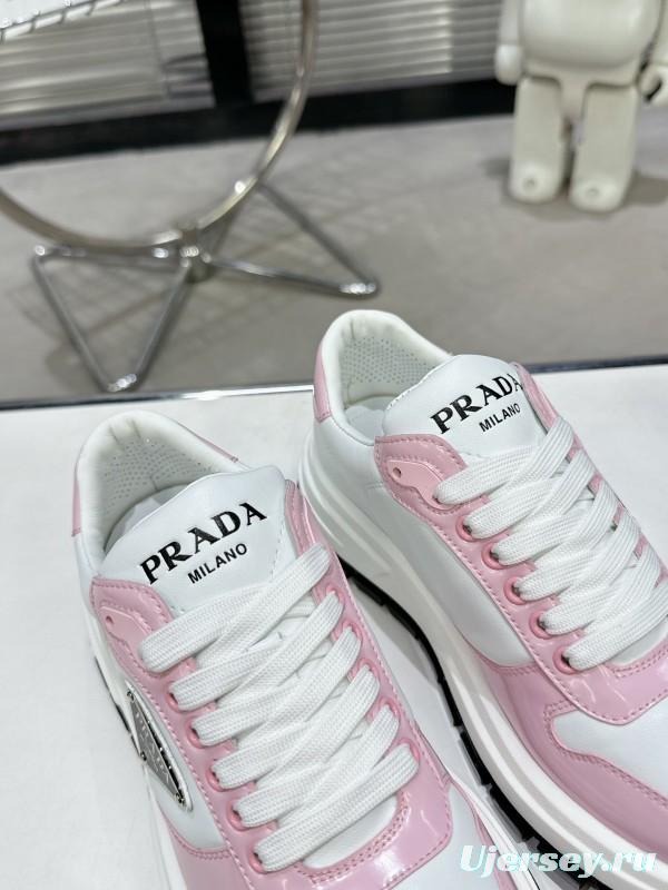 2025 Women Prada White Pink Leather Sneakers