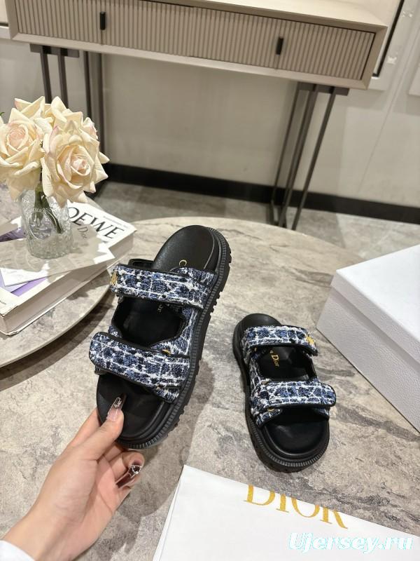 2025 Women Dior Black Blue Fabric Sandals KFY00300