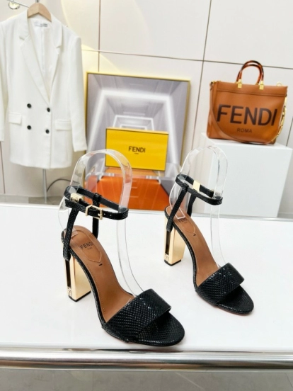 2025 Women Fendi Black Leather High Heel Sandals MJ00251