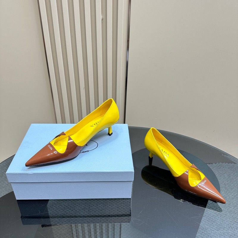 2025 Women Prada Brown Yellow Leather Heels KFY00310