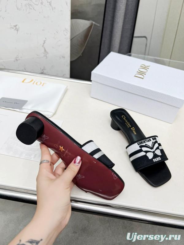 2025 Women Dior Black White Fabric Leather Mid-heel LY00200