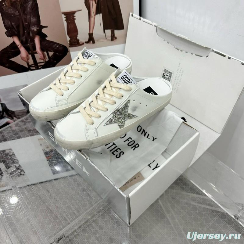 2025 Women GGDB White Silver Leather Suede Star Mules