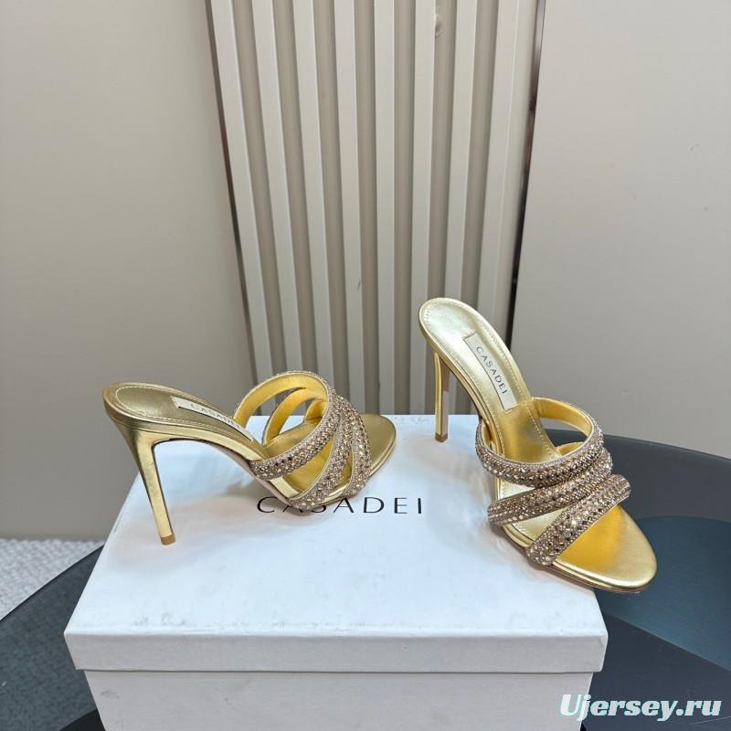 2025 Women Casadei Gold Glitter Leather High Heel Sandals