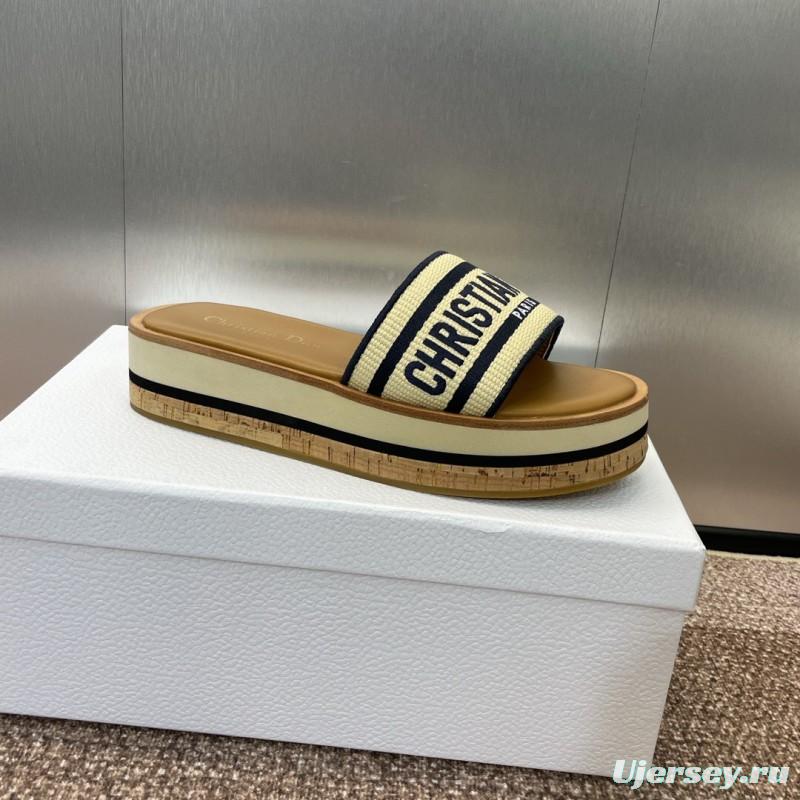 2025 Slippers Dior Beige Navy Canvas Leather Platform CHRISTIAN DIOR CD004