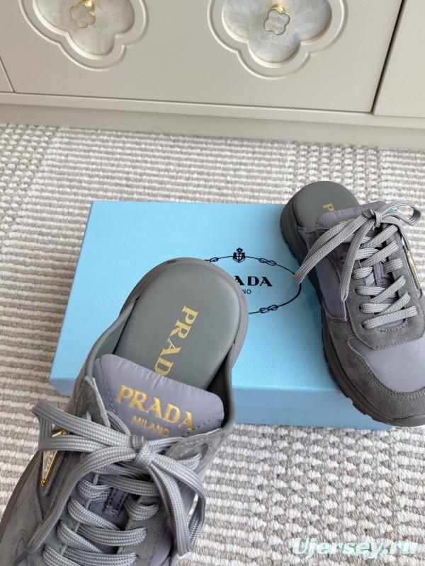 2025 Women Prada Grey Suede Nylon Sneakers LY00290