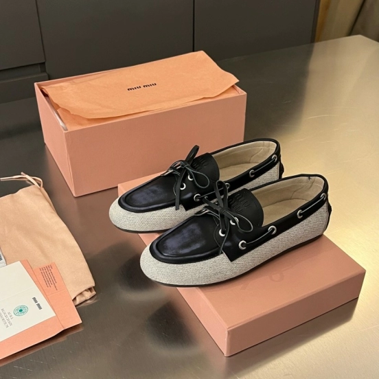 2025 Women Miu Miu Black Beige Leather Fabric Loafers