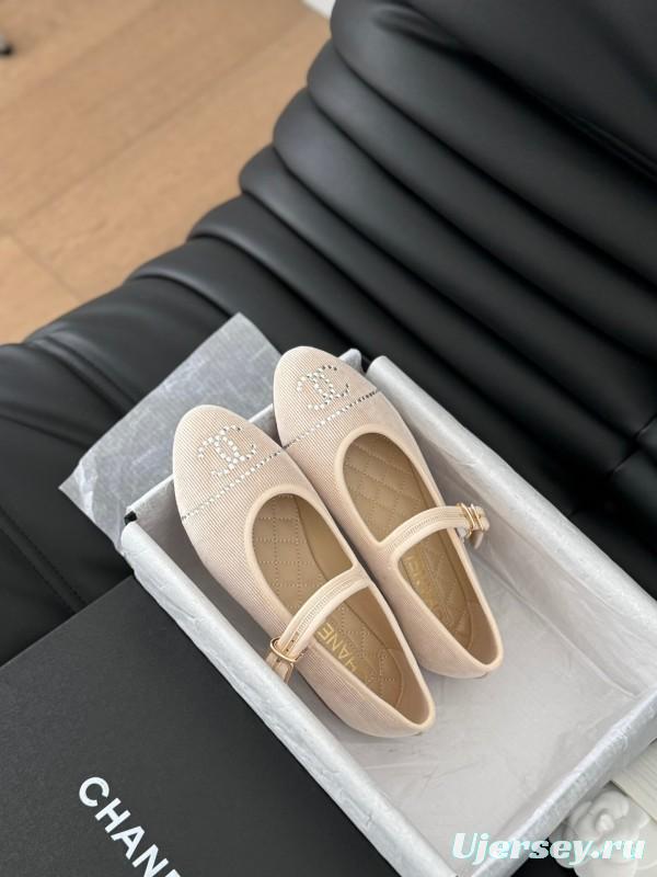 2025 Women Chanel Beige Fabric Mary Jane Embroidery LY00280