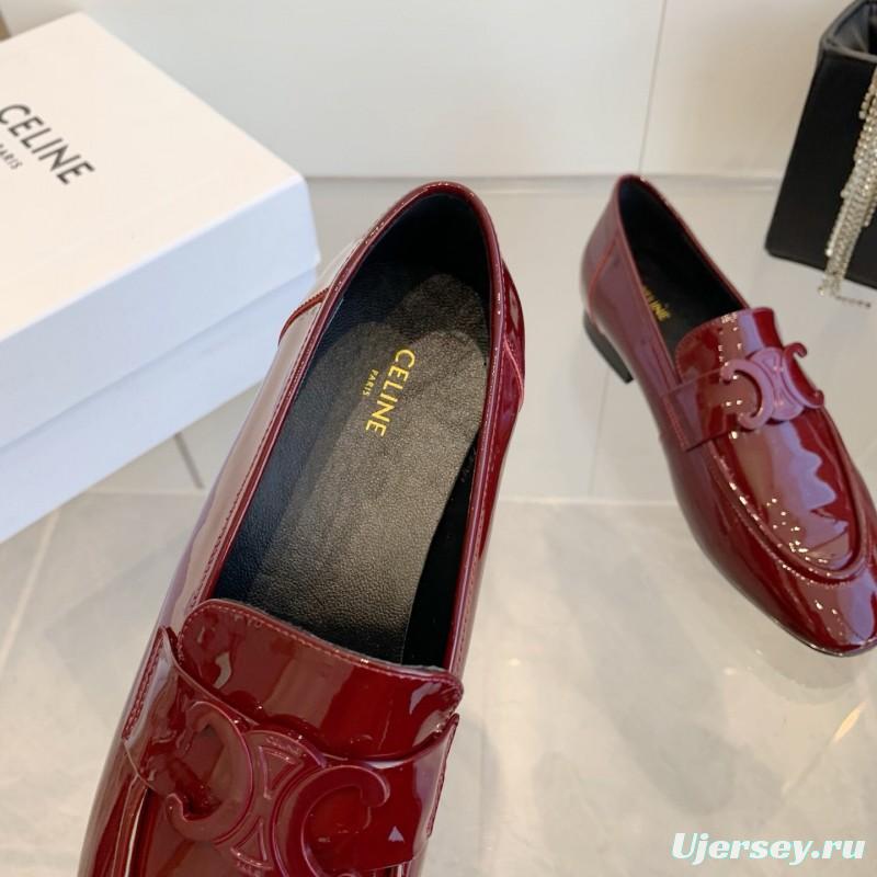 2025 Women CELINE Burgundy Patent Leather Loafers