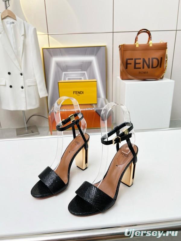 2025 Women Fendi Black Leather High Heel Sandals MJ00251